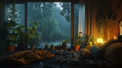 Comforting Rainy Day Retreat with Indoor Plants and Warm Lighting Ambiance