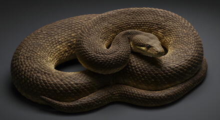 Fototapeta premium Coiled Snake Close-Up with Detailed Scales on Dark Gray Background