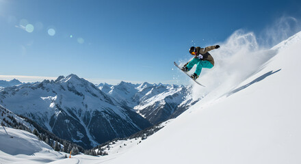 Snowboarder Performing Jump on Snowy Mountain Slope with Blue Sky