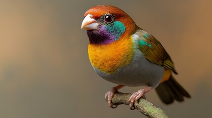 Obraz premium A vibrant, colorful bird perched on a branch, showcasing its striking plumage against a soft background