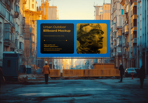 Urban Street Billboard Mockup &ndash; Realistic Horizontal Display on City Road for Campaign or Advertising Visuals