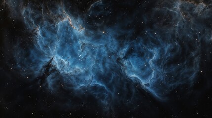 Fototapeta premium Cosmic scene with a nebula in vivid blue, black tones resembling smoke, by numerous stars, creating a fantastical space landscape, showcasing galaxy exploration, astronomical photography.