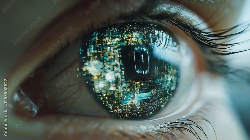 Poster close-up eye reflection; circuit board; future tech; abstract background; digital art