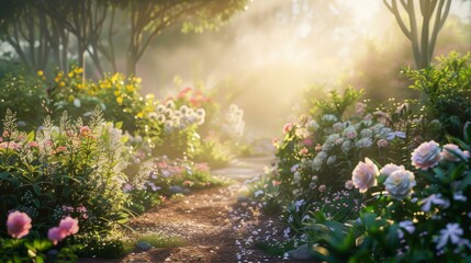 Ethereal Floral Garden Path in Golden Light Inviting Tranquility and Serene Reflections of Nature