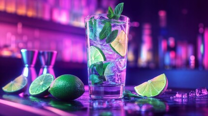 Cocktail in a high glass filled with ice, lime slices, and mint leaves, illuminated by neon purple and pink lights, creating a vibrant bar atmosphere, perfect for nightlife or cocktail photography.