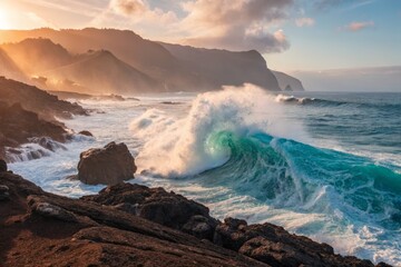 Obraz premium Majestic Ocean Surge: Double Exposure Drone Photography of Coastal Waves