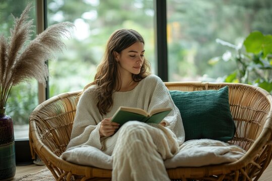 Young woman relaxing on a wicker chair, engrossed in a book, enjoying a peaceful moment.
