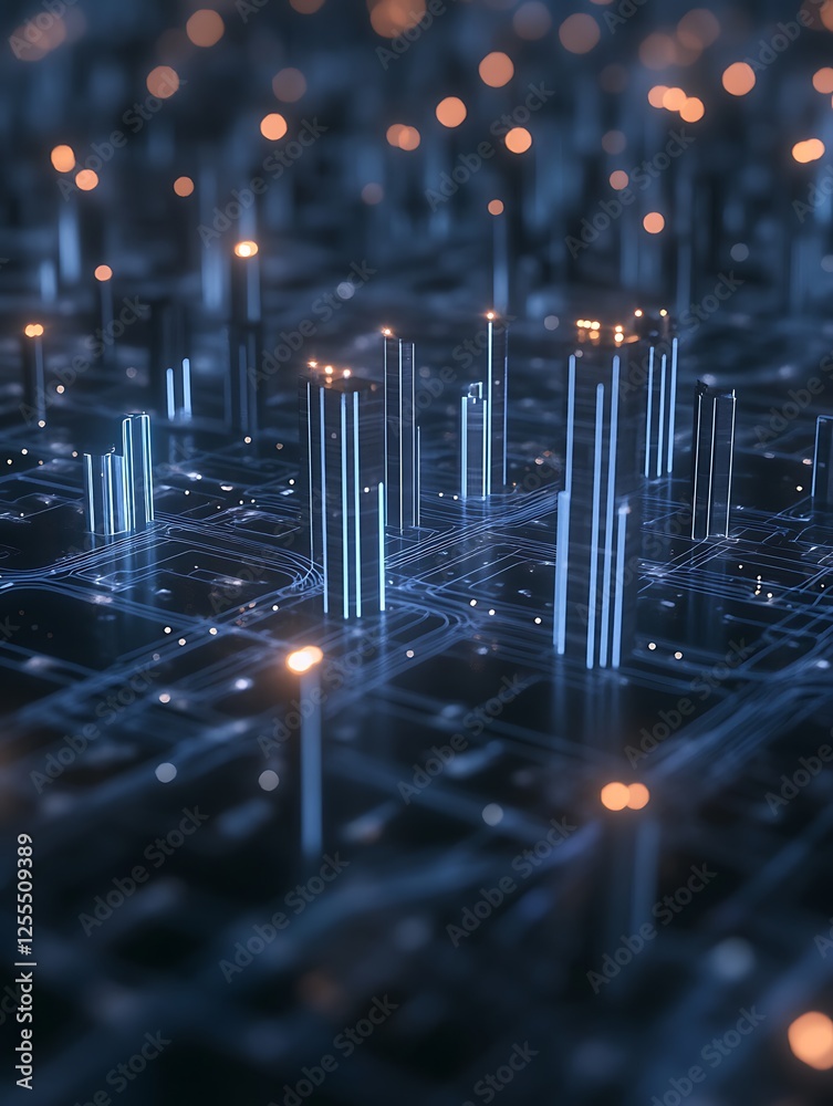 Poster A close-up, futuristic view of a digital circuit board with illuminated vertical structures, creating an abstract representation of technology and connectivity.