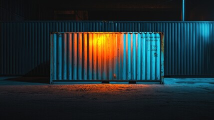 Fototapeta premium A blue and orange freight container illuminated by artificial lights in a dark industrial yard, highlighting its vibrant colors against the shadows