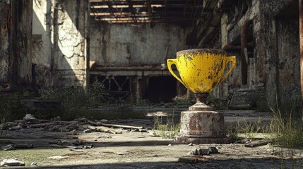 A broken yellow trophy amidst industrial ruins with cracked concrete, rusted beams, and a desolate setting