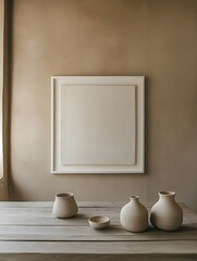 A soft beige Japandi dining space with handcrafted ceramics and a white frame as a focal point.