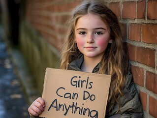 Young Girl Holding Sign: Girls Can Do Anything, Empowering Future