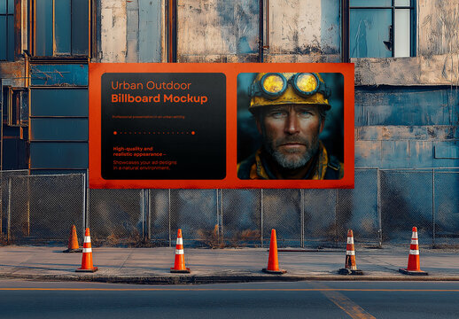 Urban Billboard Mockup on Industrial Wall &ndash; Realistic Outdoor Advertising Display for Construction or Worker Safety Campaigns