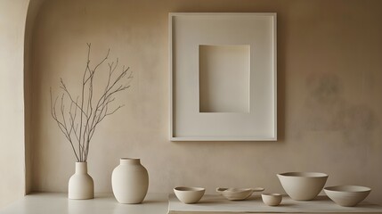 A soft beige Japandi dining space with handcrafted ceramics and a white frame as a focal point.