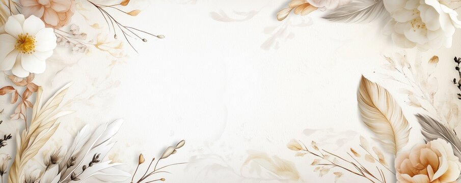 Soft pastel watercolor flowers and feathers in the corners. Suitable as romantic wedding card template, invitation card or digital banner with copy space.