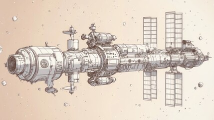 Detailed Sketch of a Futuristic Space Station Orbiting in Outer Space