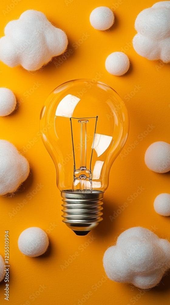 Poster a light bulb rests centrally on a bold orange backdrop, surrounded by soft white cotton-like clouds,