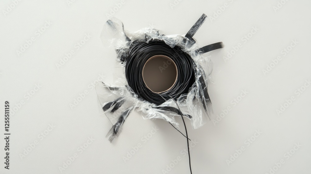 Poster a bundle of neatly insulated wires with black electrical tape, passing through a hole in the wall, h
