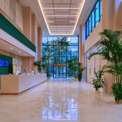 Fototapeta premium Modern Office Lobby Interior with Marble Floor and Green Plants