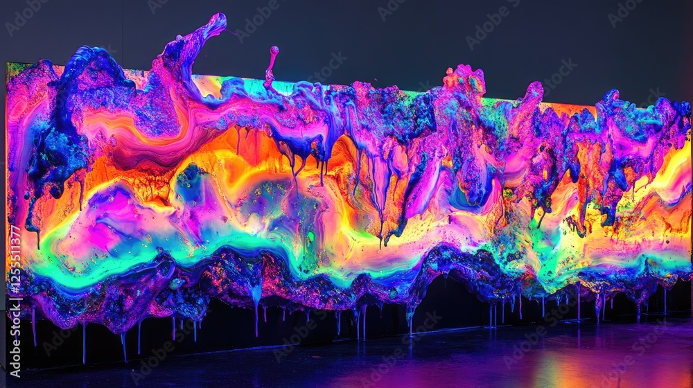 Poster a burst of neon-colored paint splashing under blacklight, glowing in vivid, otherworldly hues, creat
