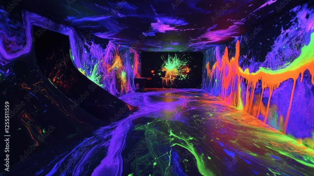 Poster a burst of neon-colored paint splashing under blacklight, glowing in vivid, otherworldly hues, creat