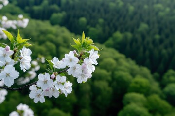 Obraz premium Delicate cherry blossoms prominently displayed against a backdrop of lush green hills, symbolizing beauty, renewal, and the fleeting nature of life in springtime.