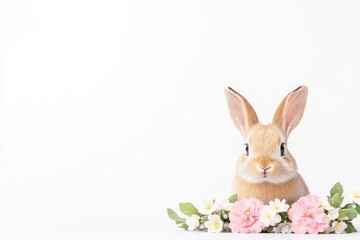Obraz premium Cute rabbit peeking over a floral arrangement on a white background