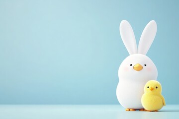 Fototapeta premium Cute cartoon bunny and chick standing together on a soft blue background