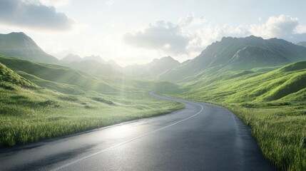Fototapeta premium A calm, tranquil mountain highway with sunlight spilling over the green hills as the bright sky adds warmth to the beautiful landscape
