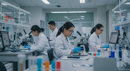 Scientists working in laboratory with microscope conducting experiments and research