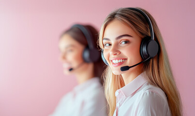 Smiling Customer Service Agents: Two friendly female customer service representatives wearing headsets, providing excellent support and assistance. The image conveys professionalism.
