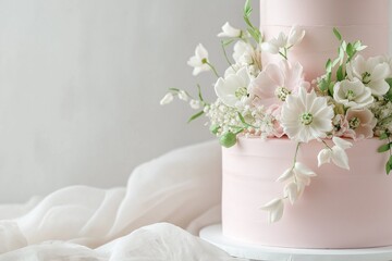 Fototapeta premium Closeup of elegant pastel pink wedding cake with delicate sugar flowers, set against soft gray background for minimalist design, copy space for text. 