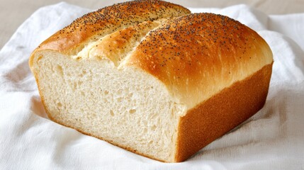 Freshly baked loaf of bread on a white cloth.