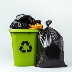 Green Recycling Bin with Full Trash Bag: A green recycling bin with a prominent recycling symbol sits next to a full black garbage bag.
