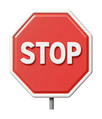3d red stop sign with white lettering, cute cartoon sytle. Stop traffic sign, warning signage octagon. Isolated on transparent background.