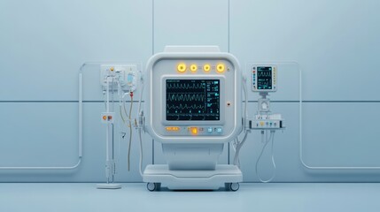 Advanced dialysis machine with glowing medical indicators, clean and futuristic hospital setup, space for branding and text