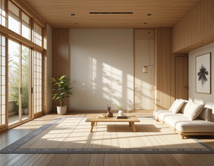 Photorealistic interior design of a Japandi-style living room