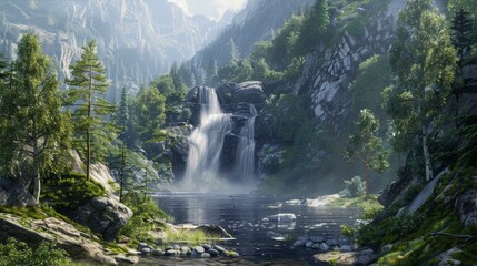 Fototapeta premium Scenic Waterfall Cascade Amidst Lush Green Forest and Mountainous Terrain on a Tranquil Day