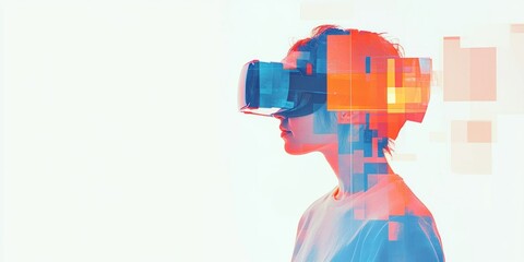 Woman wearing VR headset, digital overlay.