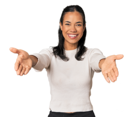 Young Filipina woman showing a welcome expression.
