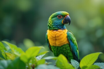Fototapeta premium Colorful Parrot Perched on Green Leaves Outdoors