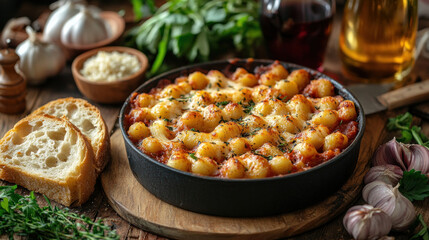 Italian food spread with freshly made gnocchi and a side of garlic bread