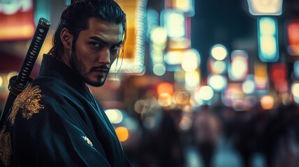 ラスベガスのネオンに映える侍—静と動のコントラスト