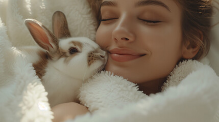 young woman closeup smiling eyes closed hugging fluffy rabbit white robe soft blanket