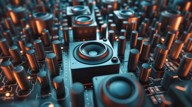 A close-up of a speaker on a circuit board with multiple knobs and other speakers in the background.