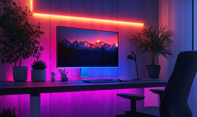 Work desk with colored led light - Smart home. 3D render