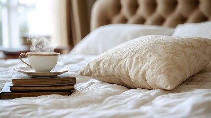 Cup of coffee on a bed with a book in a cozy bedroom during sunrise with soft light streaming in