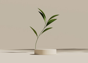 3D podium display on beige background. Natural green branch with leaves. Cosmetic, beauty product promotion. Pedestal for mockup. Studio showcase. 3D render illustration	