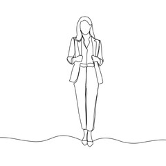 Business woman line art illustration. Continuous single line drawing of woman walking in blazer suit. Vector art illustration.