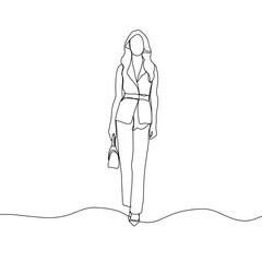 Business woman line art illustration. Continuous single line drawing of woman walking in blazer suit. Vector art illustration.